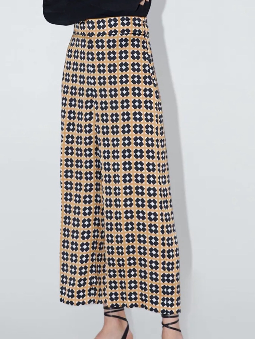 Zara Geometric Print Wide Leg Women's Med Black Tan White High Rise Pants